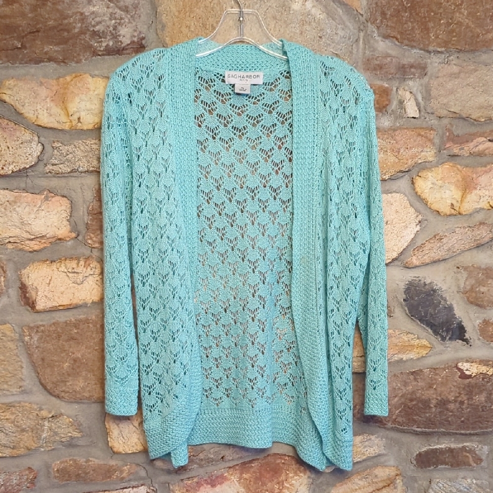 Sag Harbor Aqua Open-Knit Cardigan Sweater